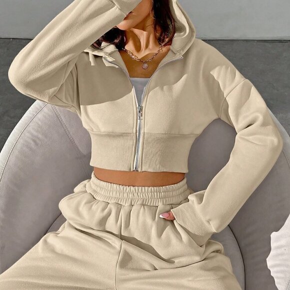 Khaki Casual Women's Zipper Front Hoodie And Pants Two Piece Set - Picture 7 of 7